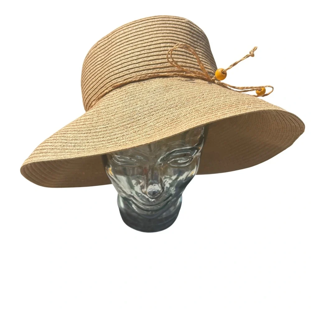 August‎ Hat Co Tan Straw Sun Hat Wide Brim Beaded Cord Summer Beach One Size